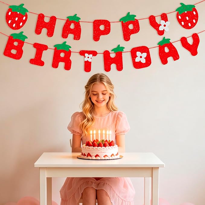 MEETINGU Strawberry Happy Birthday Banner, Glitter Strawberry Birthday Party - Image 4