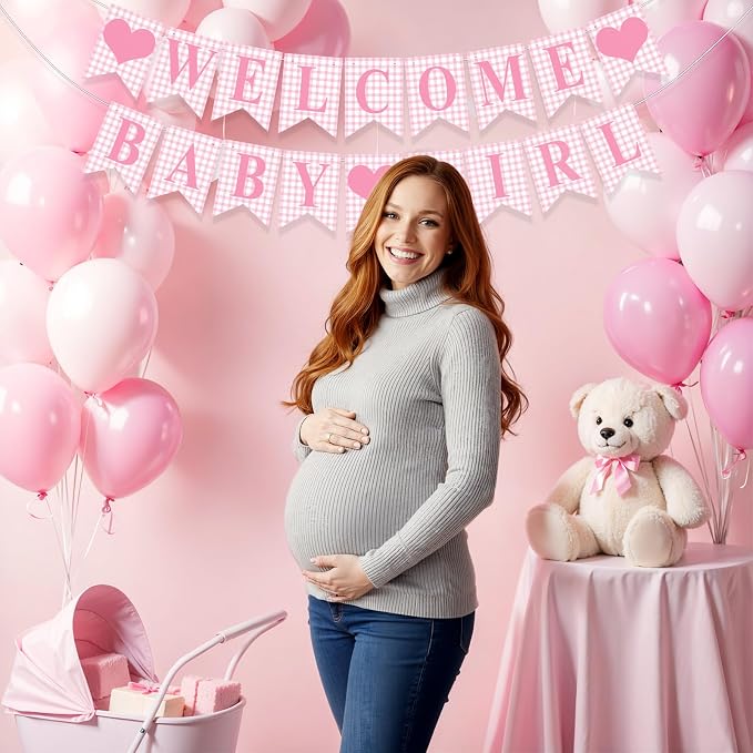 Hahafelt 1 Pcs Pink Gingham Welcome Baby Girl Banner - Image 6