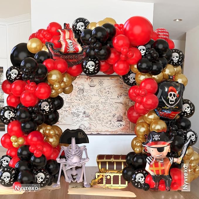 142Pcs Pirate Birthday Party Decorations Balloon Garland Arch Kit | Red Black - Image 3