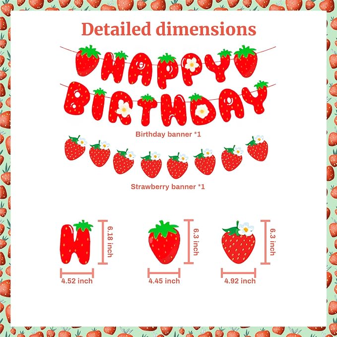 MEETINGU Strawberry Happy Birthday Banner, Strawberry Themed Birthday Party - Image 2