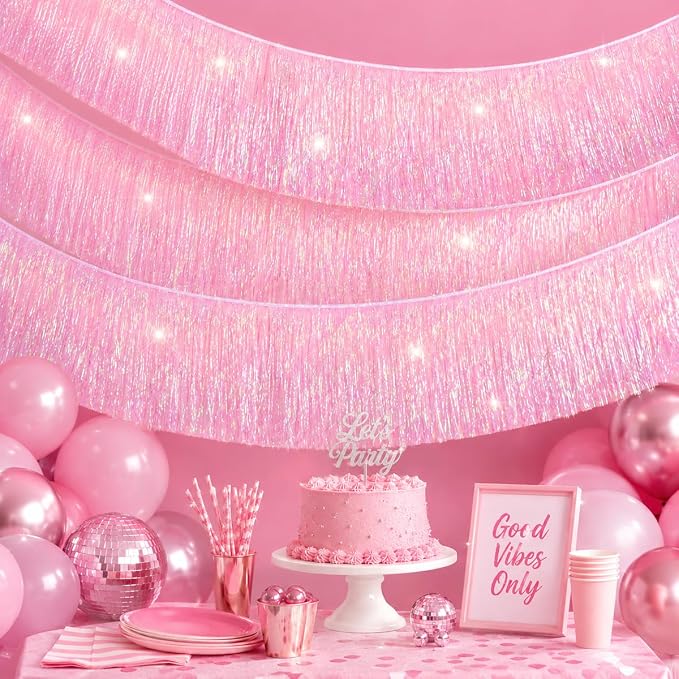 2 Pack Iridescent Pink Fringe Streamer Tassel Banner Party Decoration | Thick by Rovplus