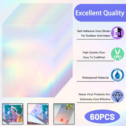 60 Sheets Holographic Laminate Sheets Clear Glitter A4 Size Vinyl Sticker Paper Holographic Overlay Self Adhesive Waterproof Transparent Film, 11.7 x 8.3 Inch (Rainbow)