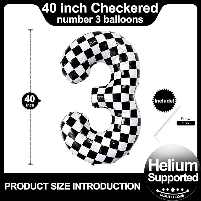 Checkered Number 3 Balloons 40 Inch Giant Race Car Checkered 3 Balloons - Image 2