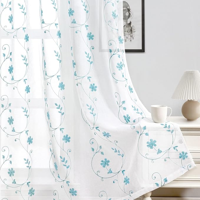 HOMEIDEAS White and Blue Embroidered Floral Sheer Curtains 96 Inches Long 2 - Image 4