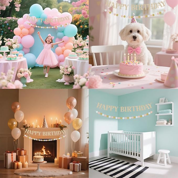 Happy Birthday Banner, Pre-Strung Champagne Gold Birthday Party Decorations - Image 5