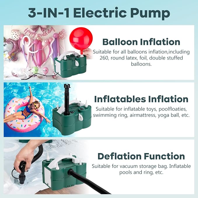 Voircoloria Balloon Pump Electric, 3-in-1 Portable Automatic Dual Nozzle - Image 7