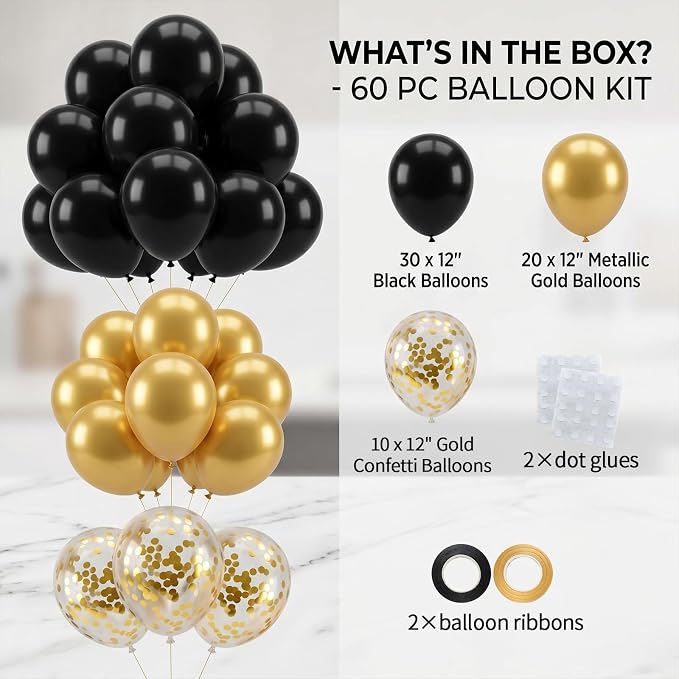 60pcs Black & Gold Balloon Kit, 12 Inch Metallic Gold & Black Gold Confetti - Image 2