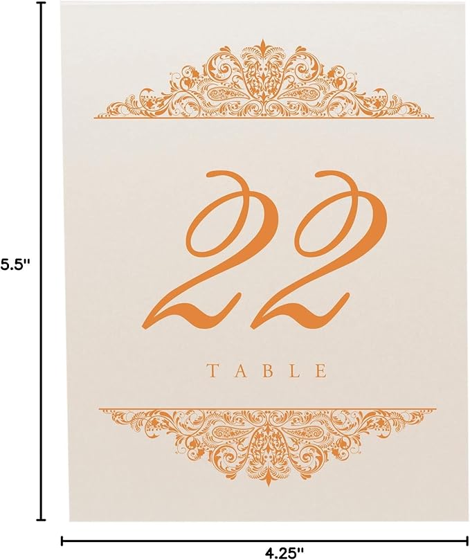 Paisley Wedding Table Numbers (Select Color/Quantity), Champagne, Orange, 1-30, Double Sided, Tent or Use in a Stand, Great for Parties & Restaurants - Made in the USA