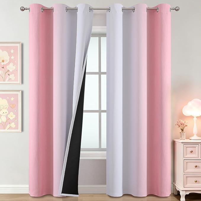 Pink and Greyish White Ombre Blackout Curtains 84 Inch Long by ESTELARTEXTILER