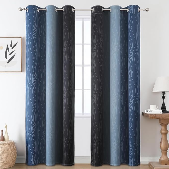 Navy Blue and Black Ombre Blackout Curtains 84 Inch Length 2 Panels Set - Image 2