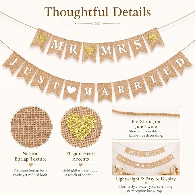 Blulu 2 Pcs Just Married Banner Burlap Wedding Mr and Mrs, Vintage Pre - Image 3