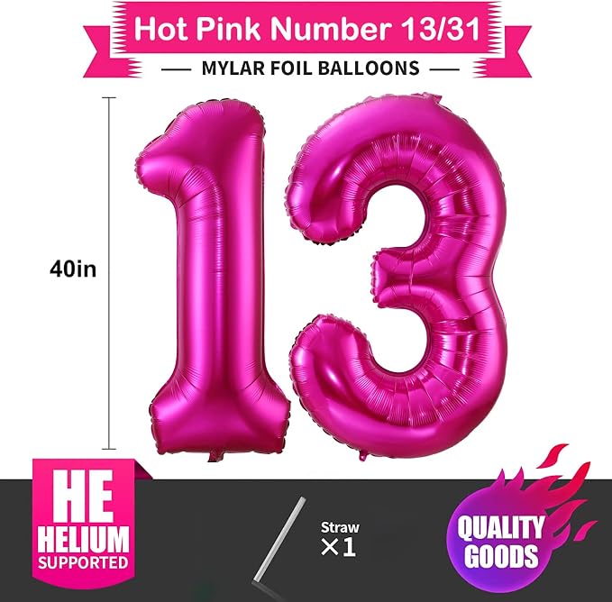 Hot Pink 13 Balloon Numbers, 40 Inch 13th or 31st Birthday Balloon Foil Mylar - Image 2