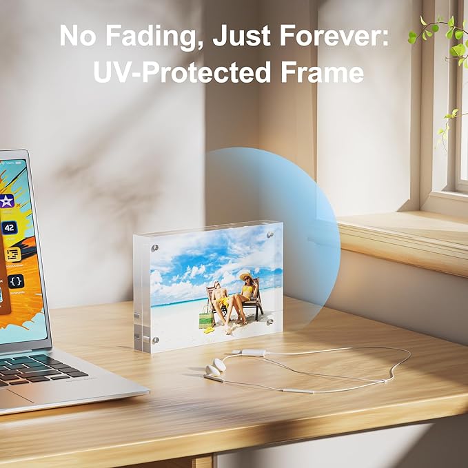 2 Pack 4x6 Acrylic Picture Frames - 20% Thicker Double Sided Magnetic Frame with UV Protection - Freestanding Clear Frameless Display for Tabletops - Modern Photo Frame Set for Home & Office Decor