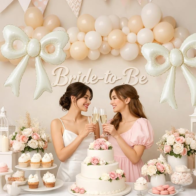 Cream Happy Birthday Balloons, 31”Huge Beige Bow Aluminum Foil Balloon Banner - Image 7