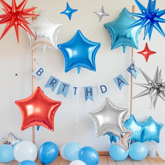 Red Blue Silver Star Balloons, 22/18/10 Inch Foil Balloons, Four-Pointed Balloon - Image 4