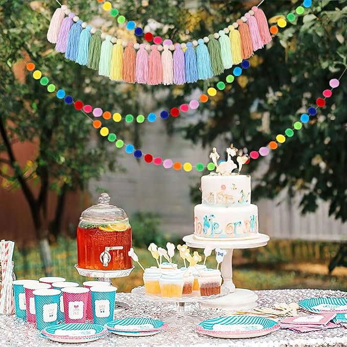 Boho Tassel Garland, Pom Pom Garland, Colorful Handmade Yarn Bunting Banner - Image 7
