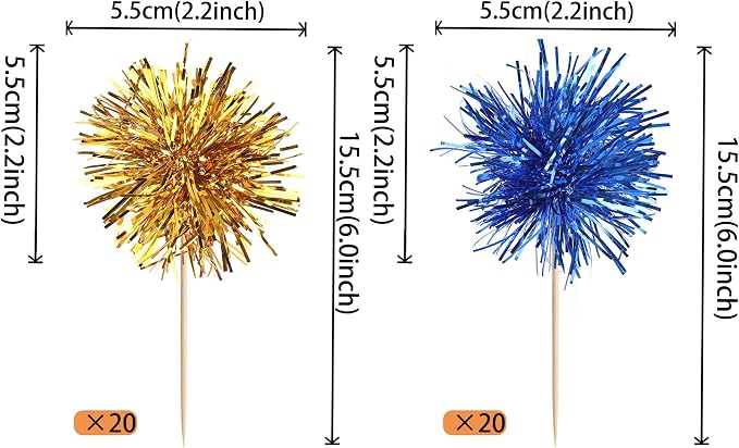 40 PCS Foil Firework Cupcake Toppers Sparkle Tinsel Cupcake Picks Fireworks - Image 2