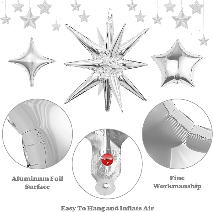 14pcs Silver Star Balloons, Mixed Star Foil Balloon, 22Inch Explosion Stars - Image 5