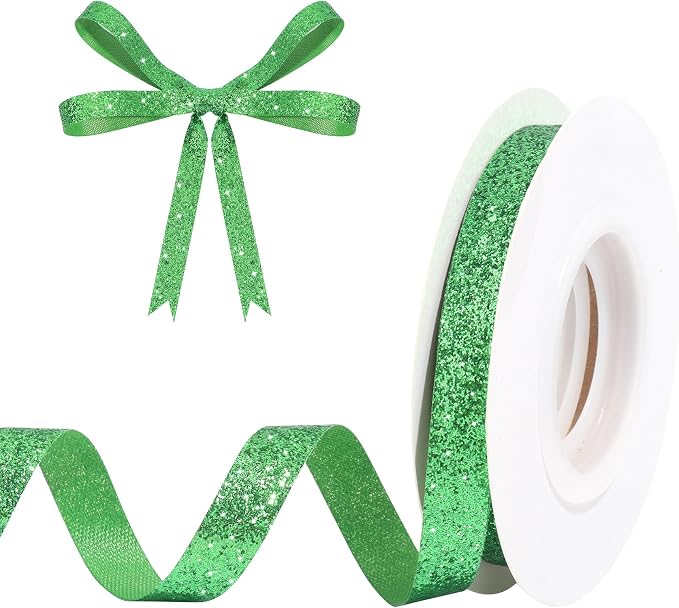 Green Metallic Glitter Ribbon for Gift Wrapping 3/8in x 10Yds | Cheer Sparkle by HISWAN