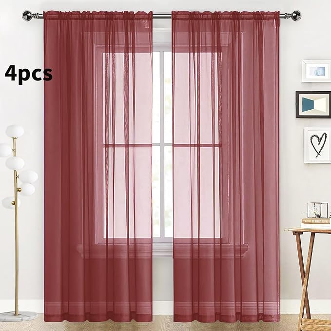 SpaceDresser Burgundy Sheer Curtains 4 Panels Rod Pocket Semi-Sheer Curtain 90 - Image 2