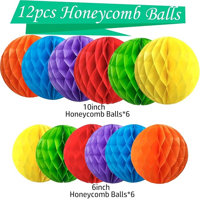 Rainbow Paper Honeycomb Flower Balls-12 Pcs 6" 10" Tissue Pompoms They are - Image 2