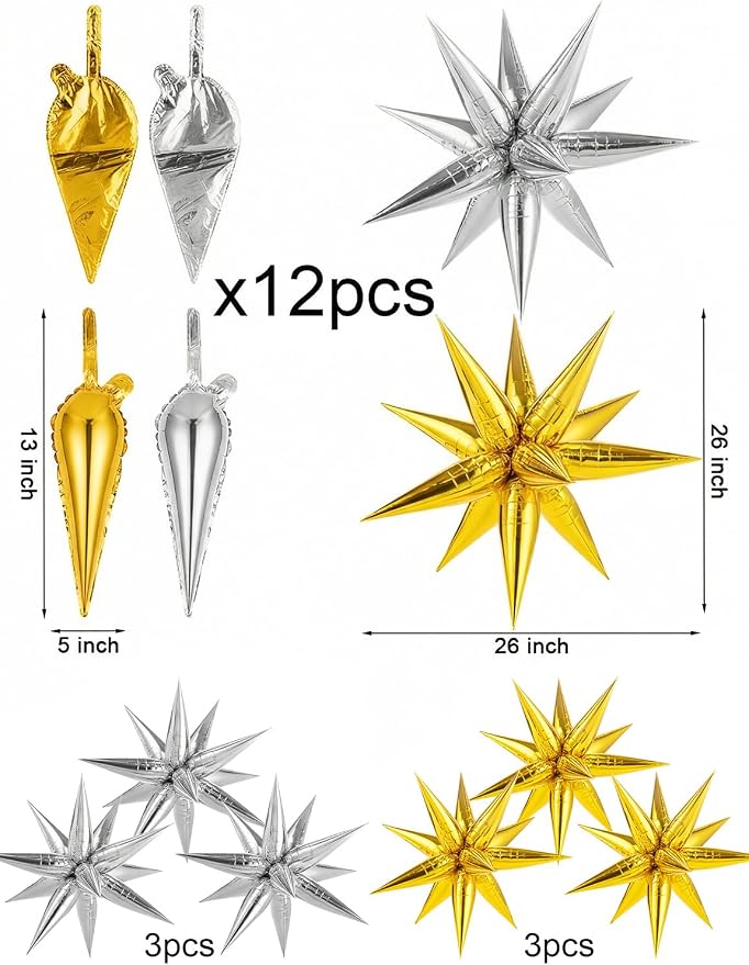74 PCS Gold Silver Star Balloons Foil, 26 Inch Large Explosion Cone Balloons - Image 3