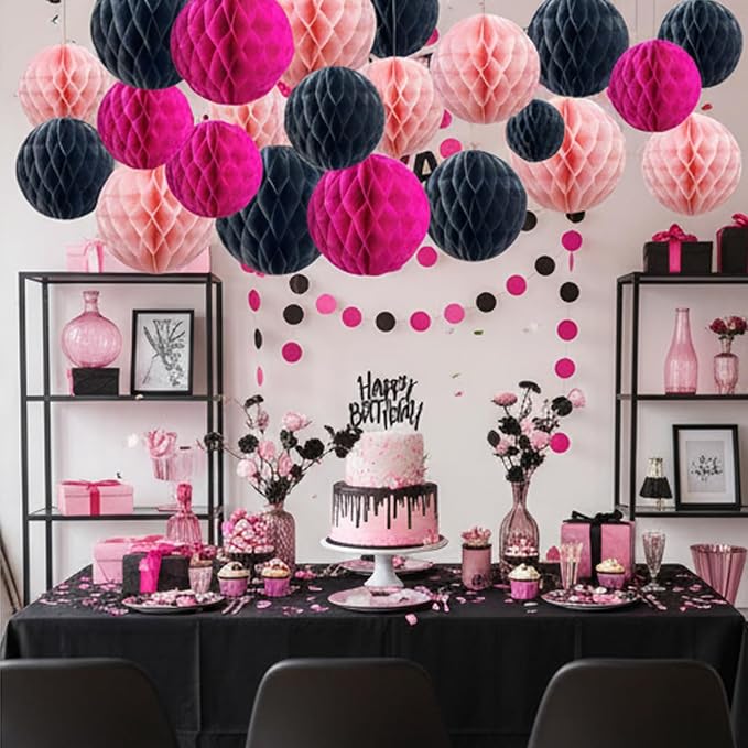 Hot Pink and Black Paper Honeycomb Balls, 12 Pack Hanging Tissue Pom poms - Image 2