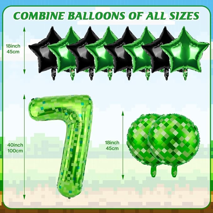 40 Inch Green Pixel Themed Number 7 Balloon Set Foil Balloon - Image 3