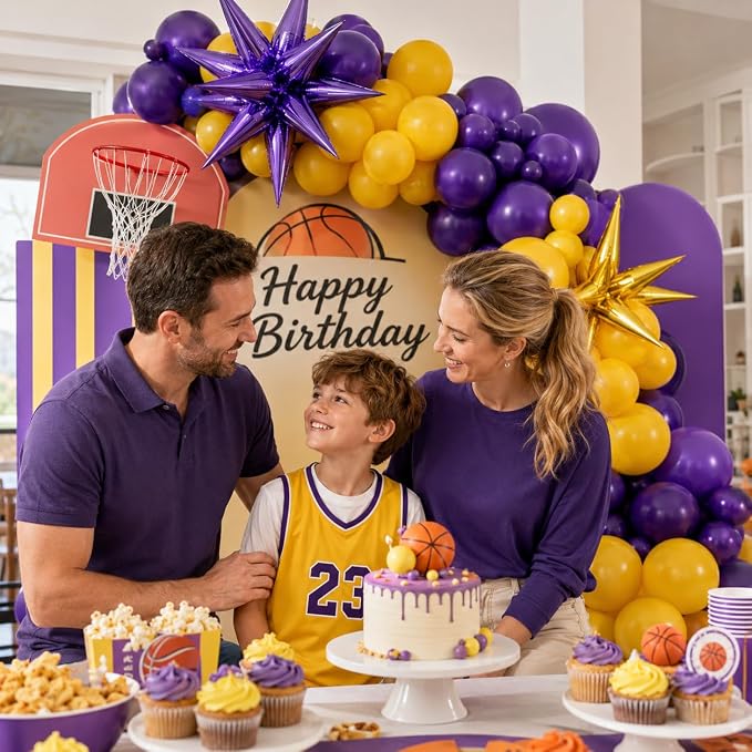 Purple and Yellow Balloon Arch Kit, Basketball Balloons - Image 4