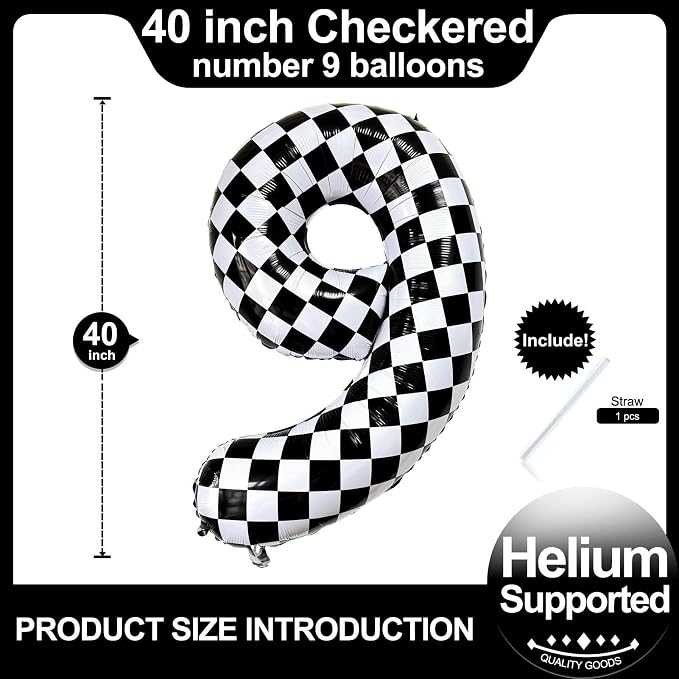 Checkered Number 9 Balloons 40 Inch Giant Race Car Checkered 9 Balloons - Image 2