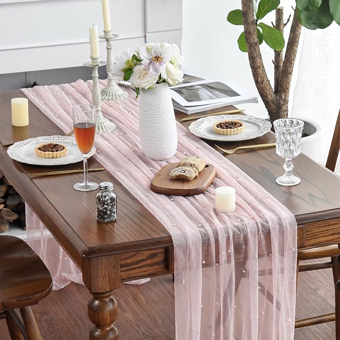 Artoid Mode 6PCS Pearl Pink Gauze Table Runner 120 Inch 10FT, Seasonal Sheer - Image 2