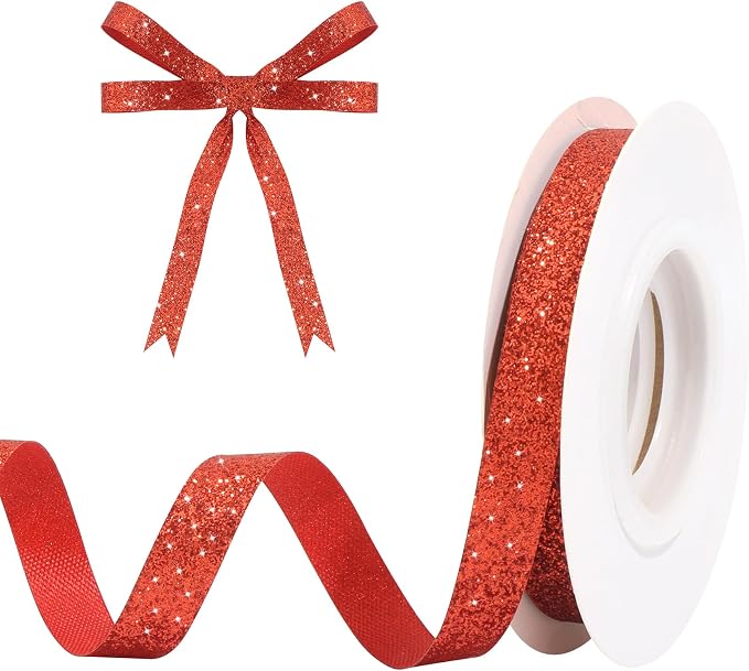 Red Metallic Glitter Ribbon for Gift Wrapping 3/8in x 10Yds | Cheer Sparkle by HISWAN