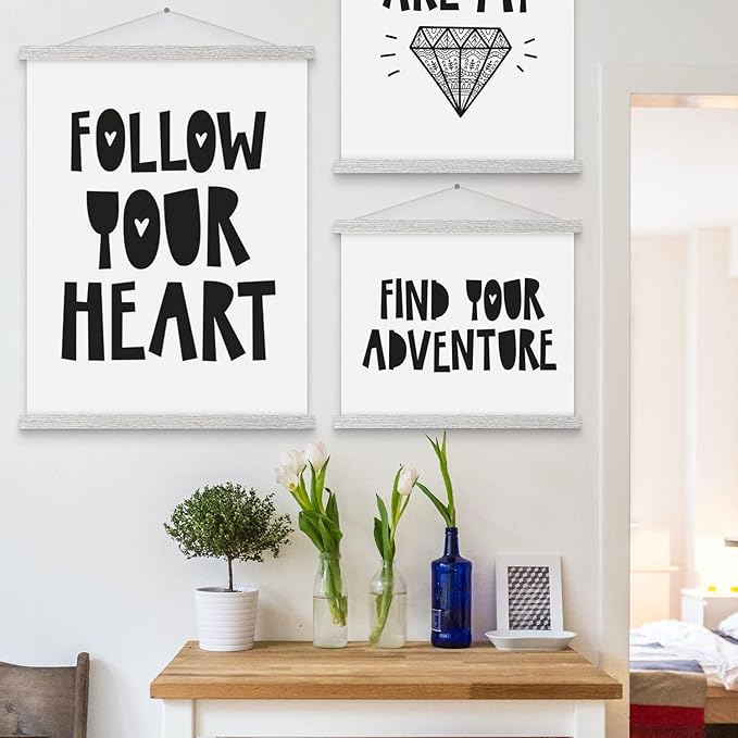 Magnetic Poster Hanger, 9x12 9x14 9x17 Poster Frame Wood Wooden Magnet Print Posters Dowel Scroll Hanger Hangers Hanging Kit for Walls Map Canvas Artwork (Grey, 9")