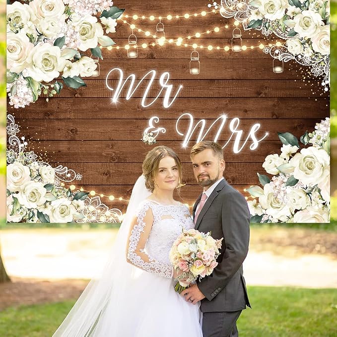 MEHOFOND 10x7ft White Floral Mr & Mrs Engagement Decorations Backdrop Couples - Image 2