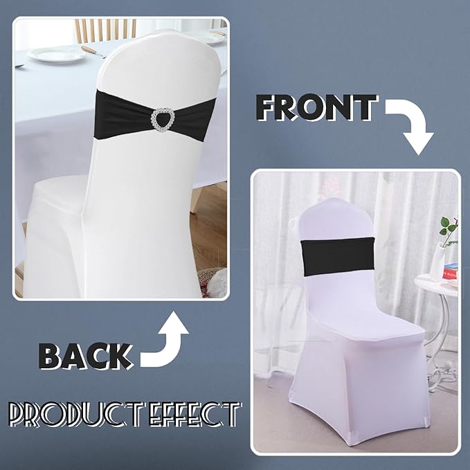 100PCS Spandex Stretch Black Chair Sashes Bows Universal Elastic Chair Cover Bands Ties with Buckle Slider for Wedding Party Birthday Reception Event Banquet Decoration(Black)