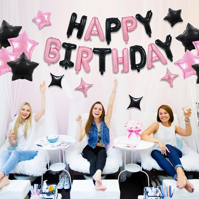 TONIFUL 35PCS Black Pink Happy Birthday Decorations Kit 16 Inch Happy Birthday - Image 6