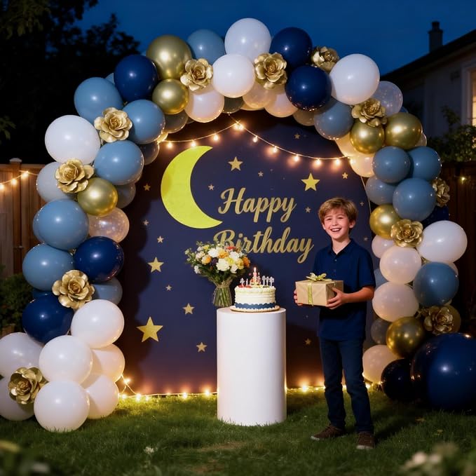 Retro Navy Blue Gold and White Balloons, 12inch Pastel Dark Light Blue White - Image 5