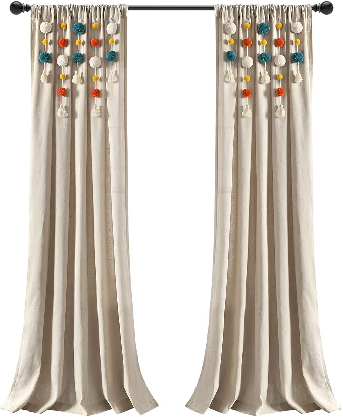 Lush Decor Boho Pom Pom Tassel Linen Textured Window Curtain Panel, Single 52" - Image 9