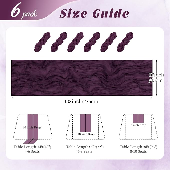 6 Pack Dark Purple Cheesecloth Table Runner 17x108 Inch Semi Sheer Boho Gauze - Image 2