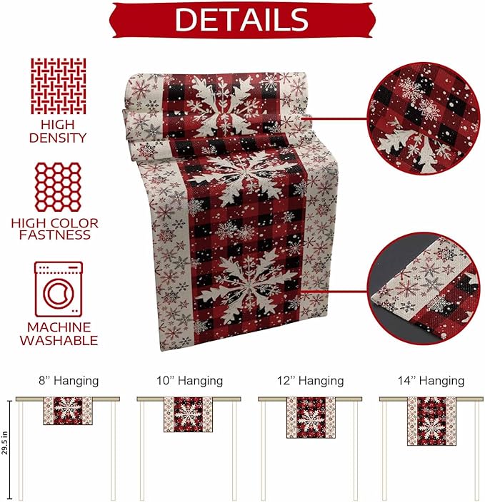 Buffalo Plaid Christmas Cotton Linen Table Runner for Dining Kitchen, Snowflake Red Black Check Wedding Outdoor Party Tablerunner Decoration,Retro Dresser Scarf Coffee Tablecloth Runners 13x108 Inches