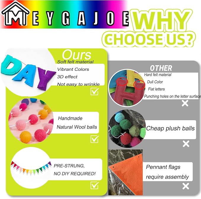 3 Pcs Pre-Strung Reusable Happy Birthday Banner, Handmade Wool Felt Ball Garland - Image 4