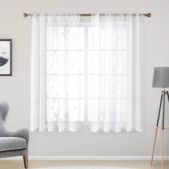 HOMEIDEAS White Sheer Kitchen Curtains 52 x 54 Inch Length 2 Panels Embroidered by HOMEIDEAS