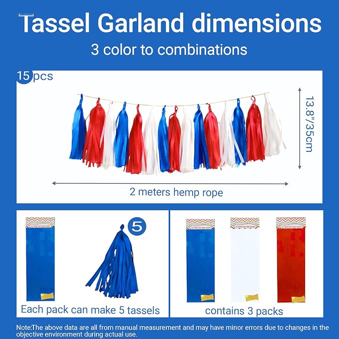 Red White Navy Paper Tassel, 15 Pack, Party Decorations - Image 2