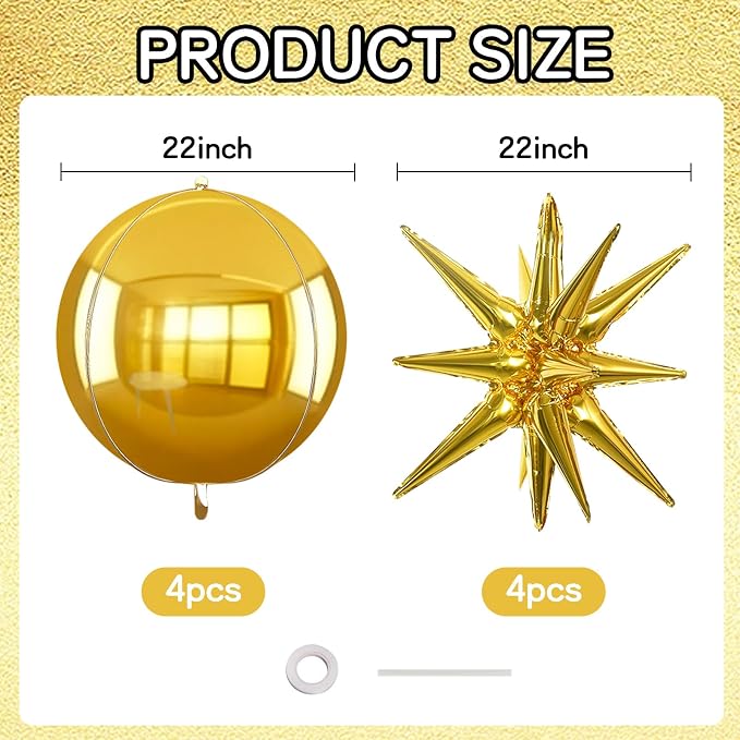 TONIFUL 8 Pcs 22Inch Gold Large 4D Giant Round and Star Balloons Explosion Star - Image 2