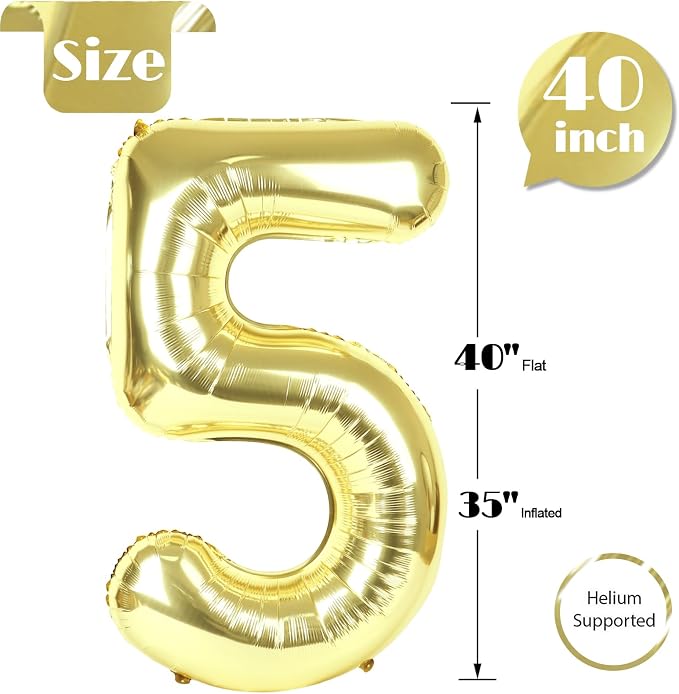 Light Gold Number 5 Balloon 40 Inch, 5th Birthday Decorations Men Women | Foil - Image 5