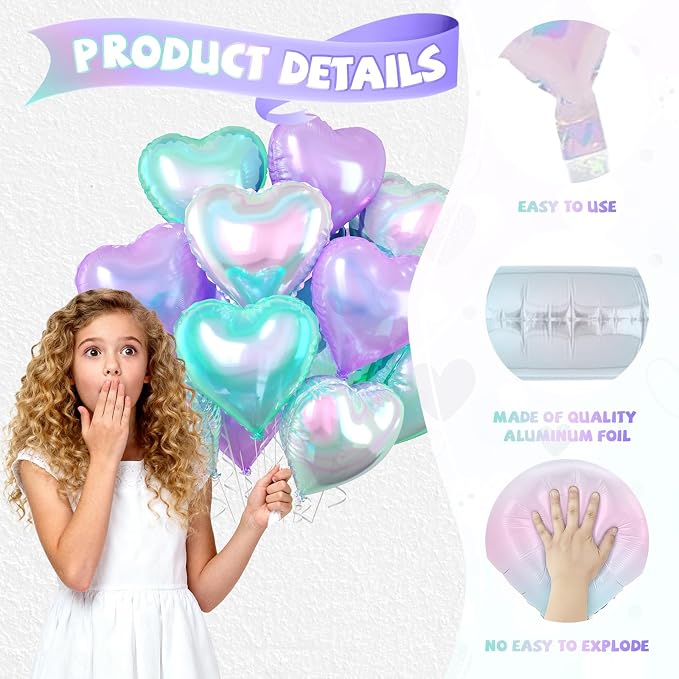 Iridescent Heart Balloons, 18 Inch Transparent Gradient Blue Purple Foil - Image 3