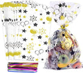 COQOFA 100 Pcs Black Gold 6"X10" Star Printed Gift Wrap Cellophane Bags by COQOFA