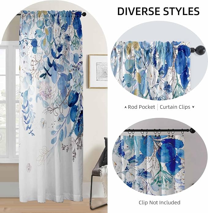 Blue Eucalyptus Curtains for Living Room 84" Length Watercolor Leaf Plant - Image 6