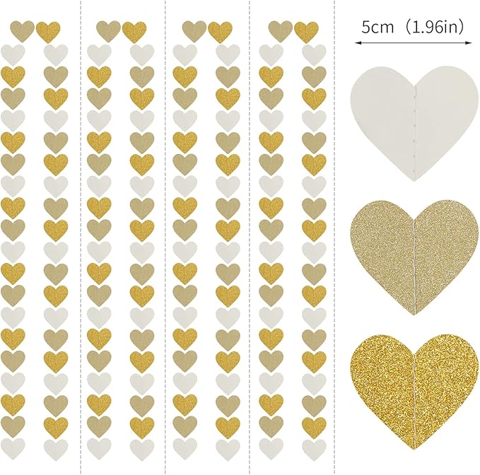White-Gold Champagne Party-Decorations Heart Streamers Garland - 52Ft Christmas - Image 2
