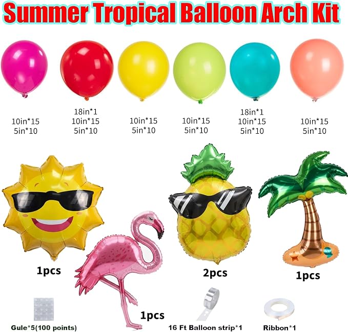 161pcs Summer Tropical Balloon Arch Garland Kit -Hot Pink Red Orange Green - Image 2
